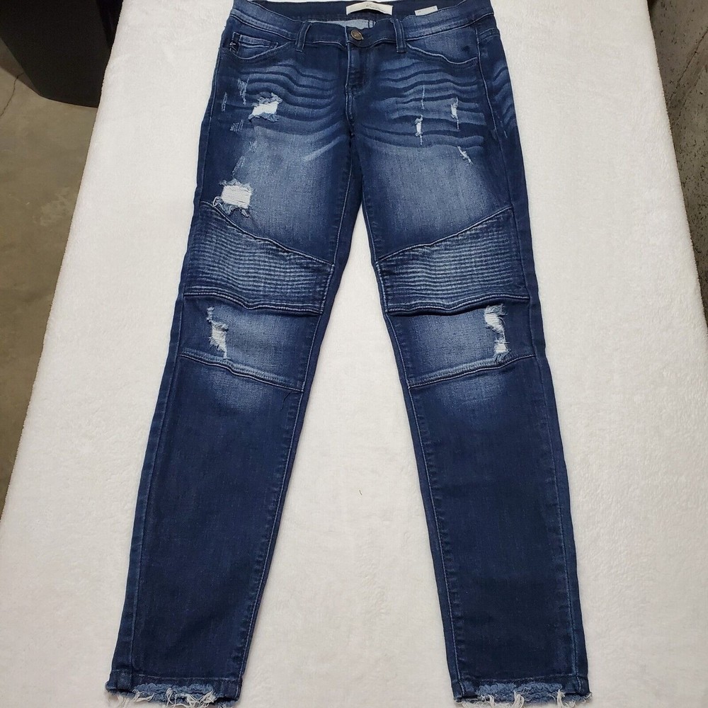 KanCan Moto Ankle Skinny Denim Jeans Women's Sz 27 Frayed Hem Dark Wash Distress - Picture 2 of 10